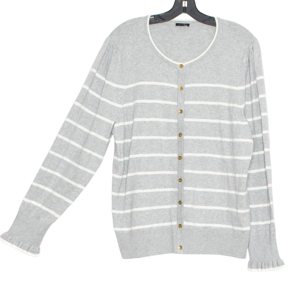 Talbots Cardigan Sweater Cottage Academia Minimalist Preppy Cozy Stripe Gray XL